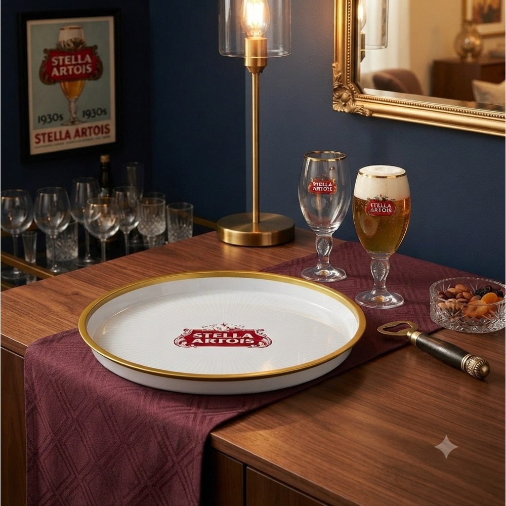 Stella Artois Round Metal Beer Serving Tray White Gold Barware 14 Inch